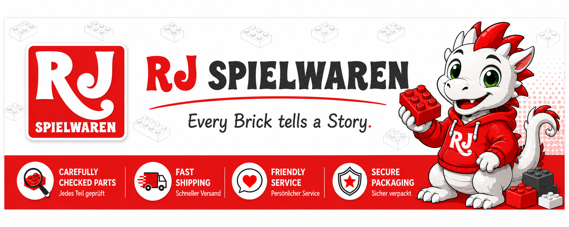 Banner von RJ Spielwaren mit Drachen-Maskottchen